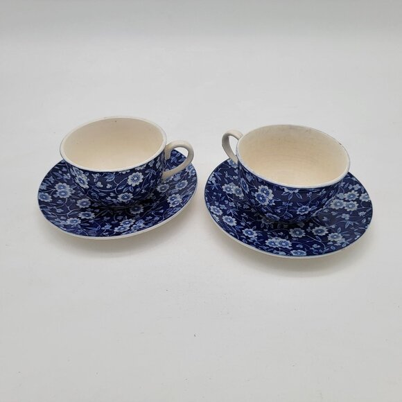 Pair of Blue Calico Teacup and Saucers - Picture 1 of 9